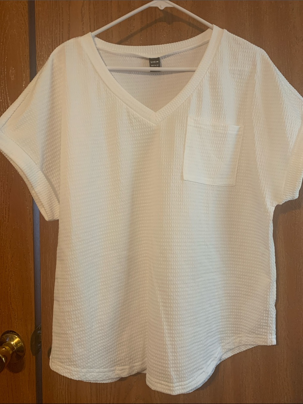 SHEIN White Waffle V-Neck Pocket Tee